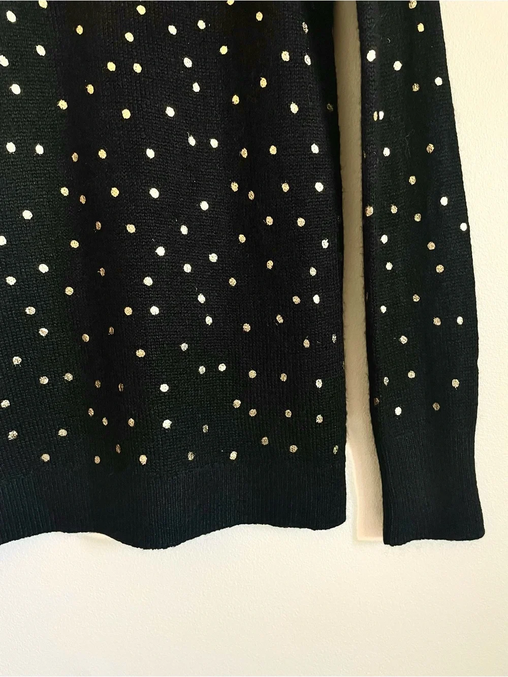 Loft Black Crew Neck Sweater With Gold Metallic Polka Dots Size XS EUC